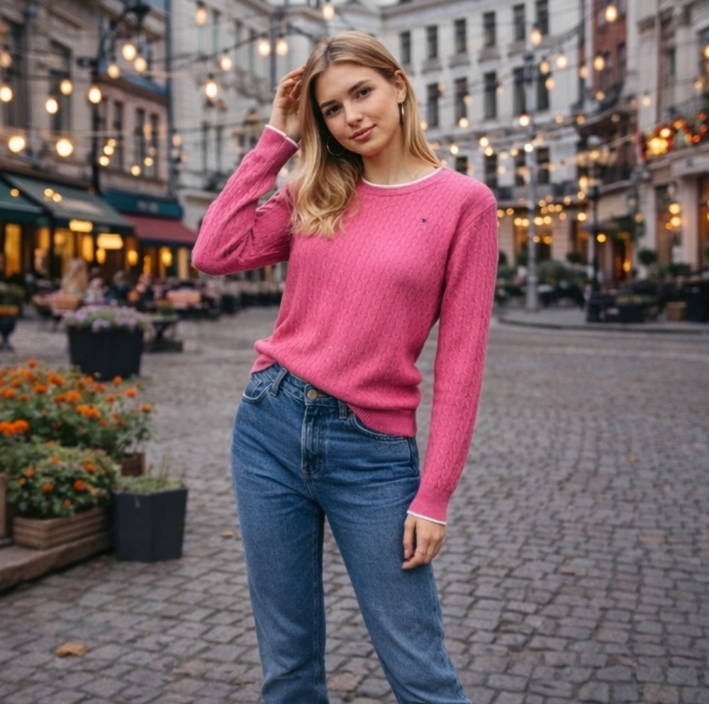 Tommy Hilfiger Y2K Pink Cable Knit Sweater 100% Cotton Preppy Classic Logo